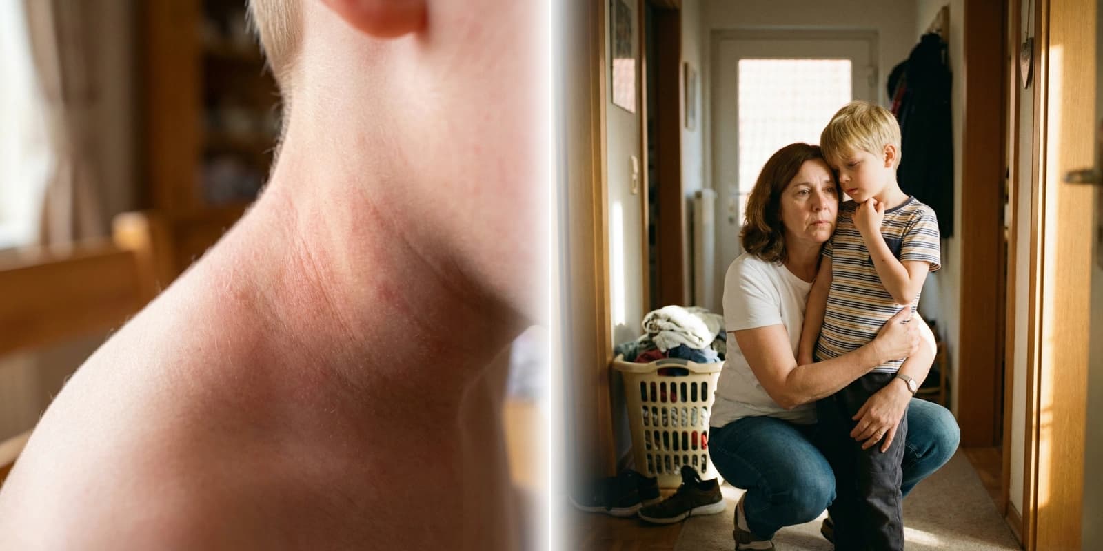 Nahaufnahme von Leons Hautreizung am Hals, und Anna die Leon tröstet neben einem Wäschekorb