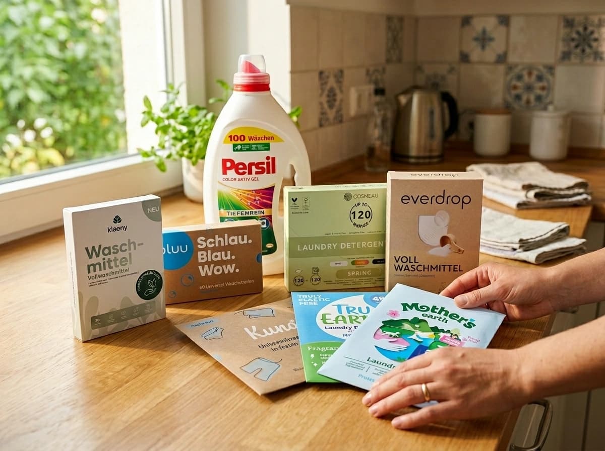 Alle 8 getesteten Waschmittel auf Annas Küchentheke